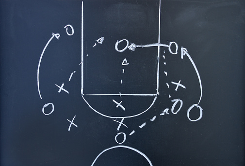 Scheme basketball game on blackboard background