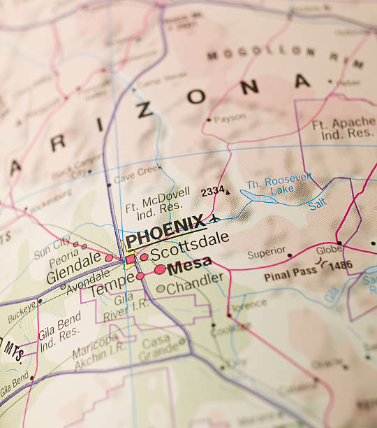 A zoomed in image of a map, focused on Phoenix, Arizona stock photo