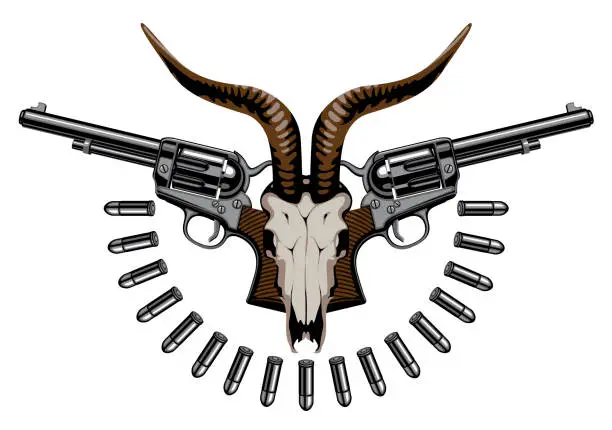 Vector illustration of emblem with two old revolvers, bullets and skull