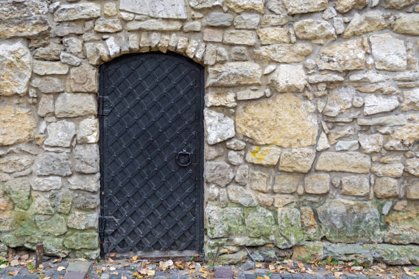 an ancient door in black with a large lattice texture with large rivets against the background of a wall and a non-hewn granite stone.
