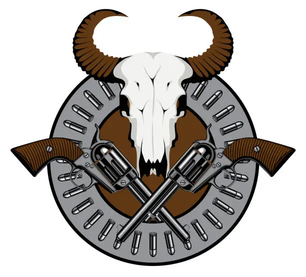 Vector illustration of emblem with two old revolvers, bullets and skull