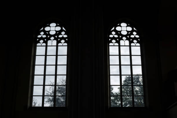 istock windows of an old building from the inside. Outside the windows the sky and trees 1063785698