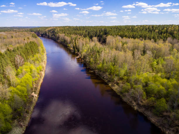 istock drone image. aerial view of rural area with fields and forests with river and water reflections 1063788636