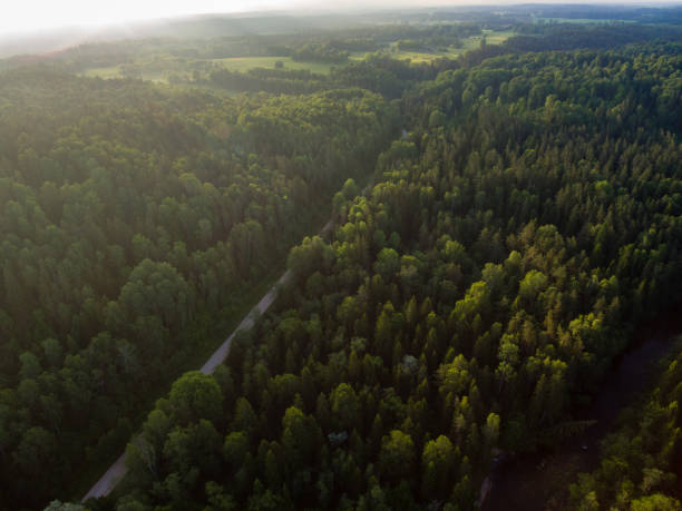 istock drone image. aerial view of rural area with fields and forests with river and water reflections 1063789516