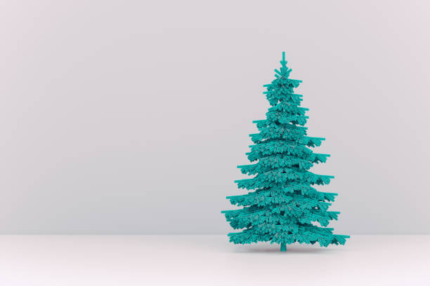 Conceptual image of a Christmas tree made from turquoise linen textile, standing on a white surface and gray background.. 3D render image.