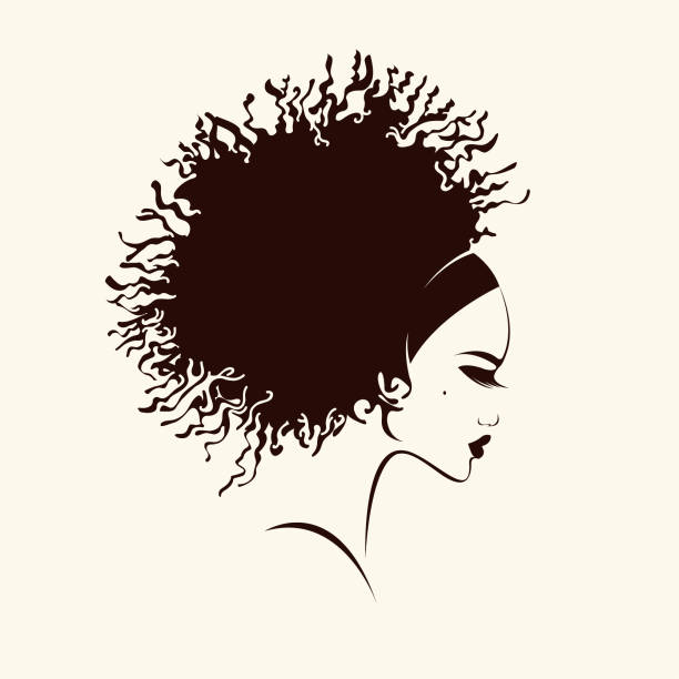 Beautiful African American woman with Afro curly hairstyle and elegant makeup.Style, beauty and hair salon vector logo. Illustration of a young exotic woman.Profile view. black hair stock illustrations