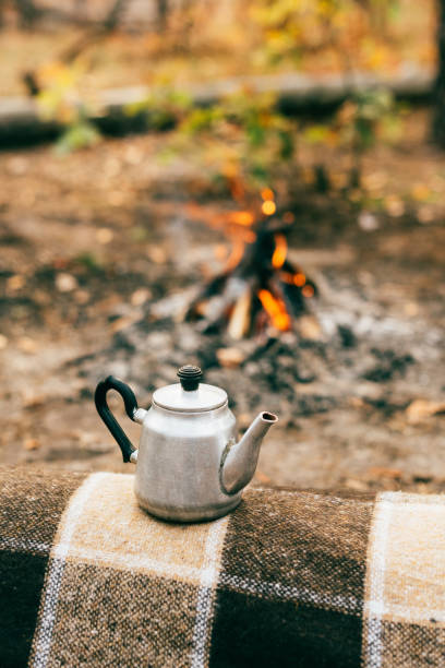 istock metallic kettle on blurred autumn background with bonfire 1063792706