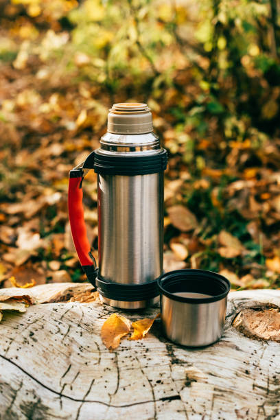 istock metallic camping thermos on beautiful autumnal background 1063792898