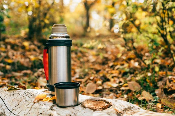 Black and silver thermos with two cups standing on a stump in a snowy forest in winter