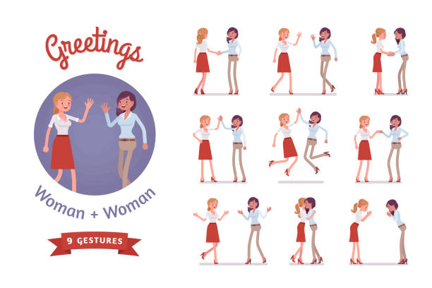 ilustraciones, imágenes clip art, dibujos animados e iconos de stock de amigas saludo conjunto - añjali mudrā saludo