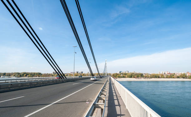 ponte da liberdade sobre o rio danúbio com praia e construção de novi sad cidade com carros dirigindo sobre e azul céu. - editorial safety in a row industry - fotografias e filmes do acervo