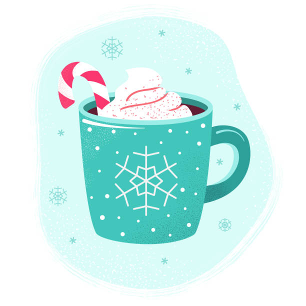 Winter hot drink cup cocoa  hot chocolate marshmallows Winter cup of hot chocolate or hot cocoa with marshmallows and snowflake ornament. Blue mug with coffee, christmas candy and cream. Flat design elements. Winter season illustration. mug illustrations stock illustrations