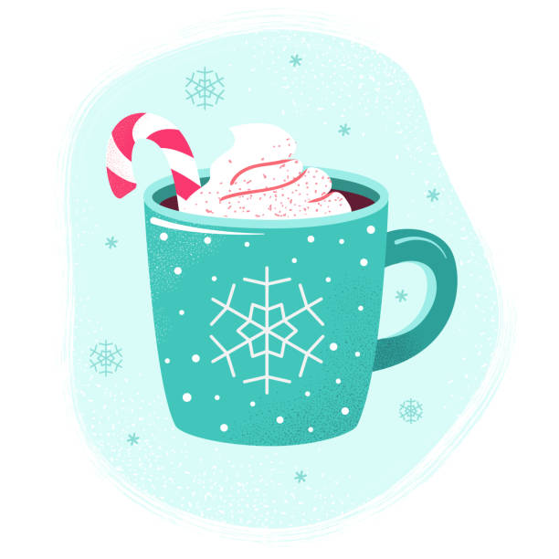 Winter hot drink cup cocoa hot chocolate marshmallows Winter cup of hot chocolate or hot cocoa with marshmallows and snowflake ornament. Blue mug with coffee, christmas candy and cream. Flat design elements. Winter season illustration. blue cup stock illustrations