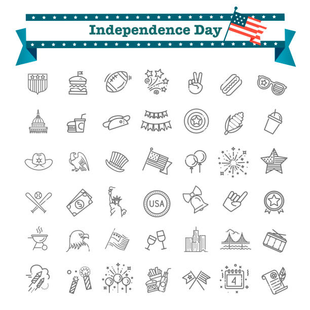 ilustraciones, imágenes clip art, dibujos animados e iconos de stock de conjunto de los iconos de 42 día de la independencia de estados unidos línea convenientes para web, infografía y aplicaciones - government flag american culture technology