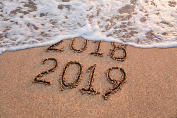 istock New year 2019 and 2018 on sandy beach with waves 1063808090