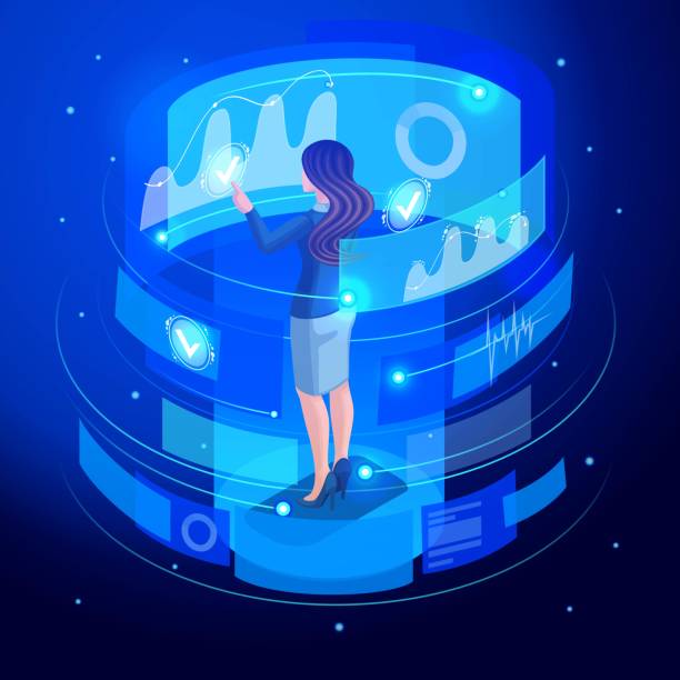 istock Isometric business lady works on a virtual screen, virtual reality, remote management of data and graphs. High tech. Back view 1063816964