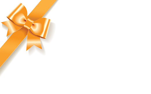 Single decorative orange satin bow with diagonally ribbon on the corner isolated on white background