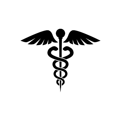 Caduceus black isolated vector icon. Symbol of medicine icon. Tangled snakes and wings caduceus vector medical logo.