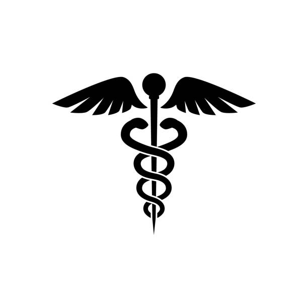 Caduceus black isolated vector icon. Symbol of medicine icon. Caduceus black isolated vector icon. Symbol of medicine icon. Tangled snakes and wings caduceus vector medical logo. medical symbols stock illustrations