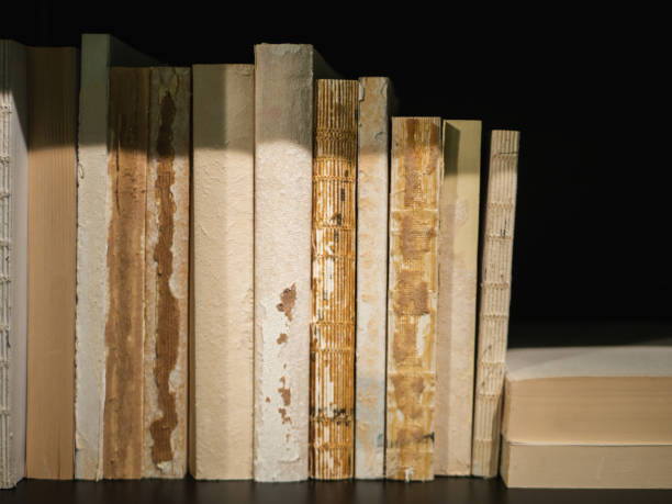 istock Old, worn out books on a black book shelf 1063821754