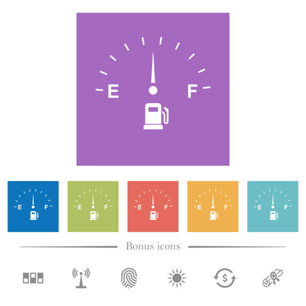 wskaźnik paliwa płaskie białe ikony w kwadratowym tle - gas gauge full empty stock illustrations