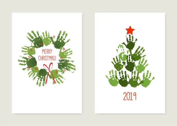 Vector illustration of Handprint Christmas tree with red star. Handprint Christmas wreath with red bow. Christmas hand print card set. Watercolor, acrylic children Christmas art. Vector illustration isolated on white.