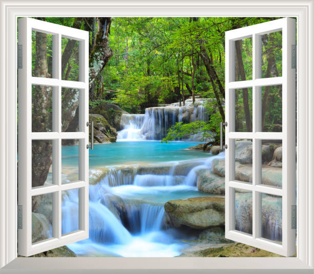 istock Beautiful view of waterfall from the window. 1063824770