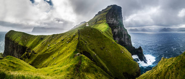 Panoramic view on Kallur, Faroe Islands Panoramic view on Kallur lighthouse at Kalsoy island at summer, Faroe Islands. faroe islands photos stock pictures, royalty-free photos & images