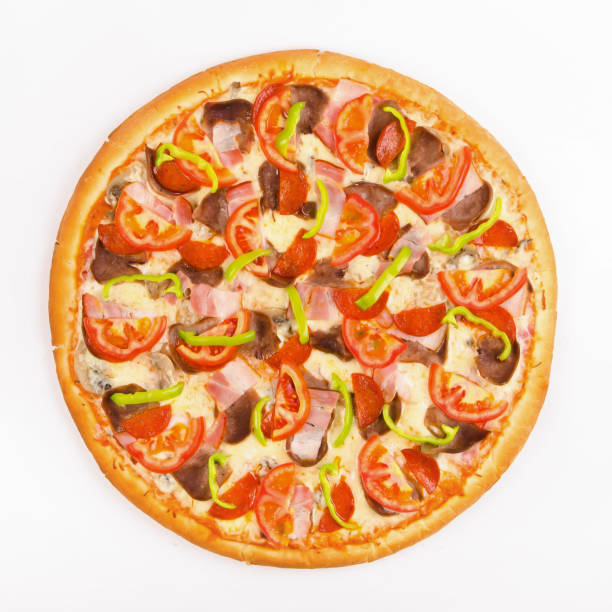 istock Pizza with tomatoes, meat and bacon on a white 1063835392