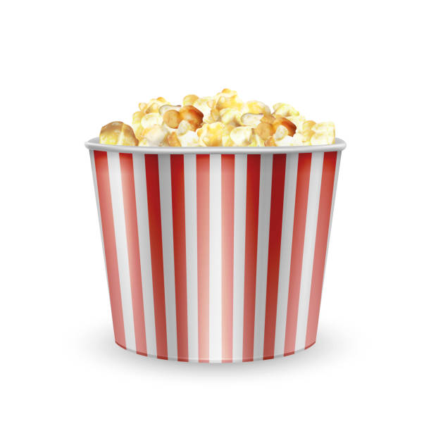 줄무늬 판지 그릇 가득 팝콘, 팝콘의 가방. - popcorn snack bowl isolated stock illustrations
