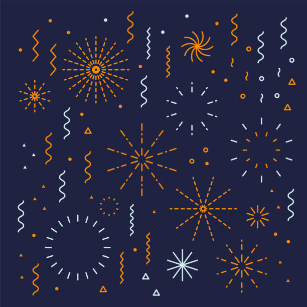 illustrazioni stock, clip art, cartoni animati e icone di tendenza di fuochi d'artificio lineal facile montaggio set con petard, stelle - capodanno