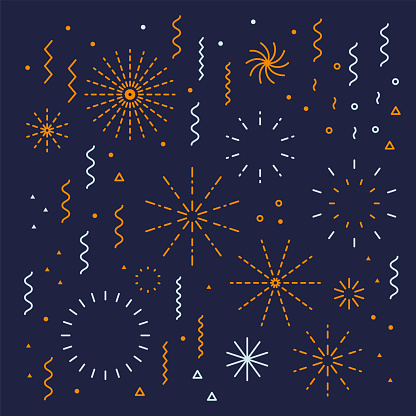 Fireworks lineal easy editable set with petard, stars. Festival vector holiday design shapes colorful collection