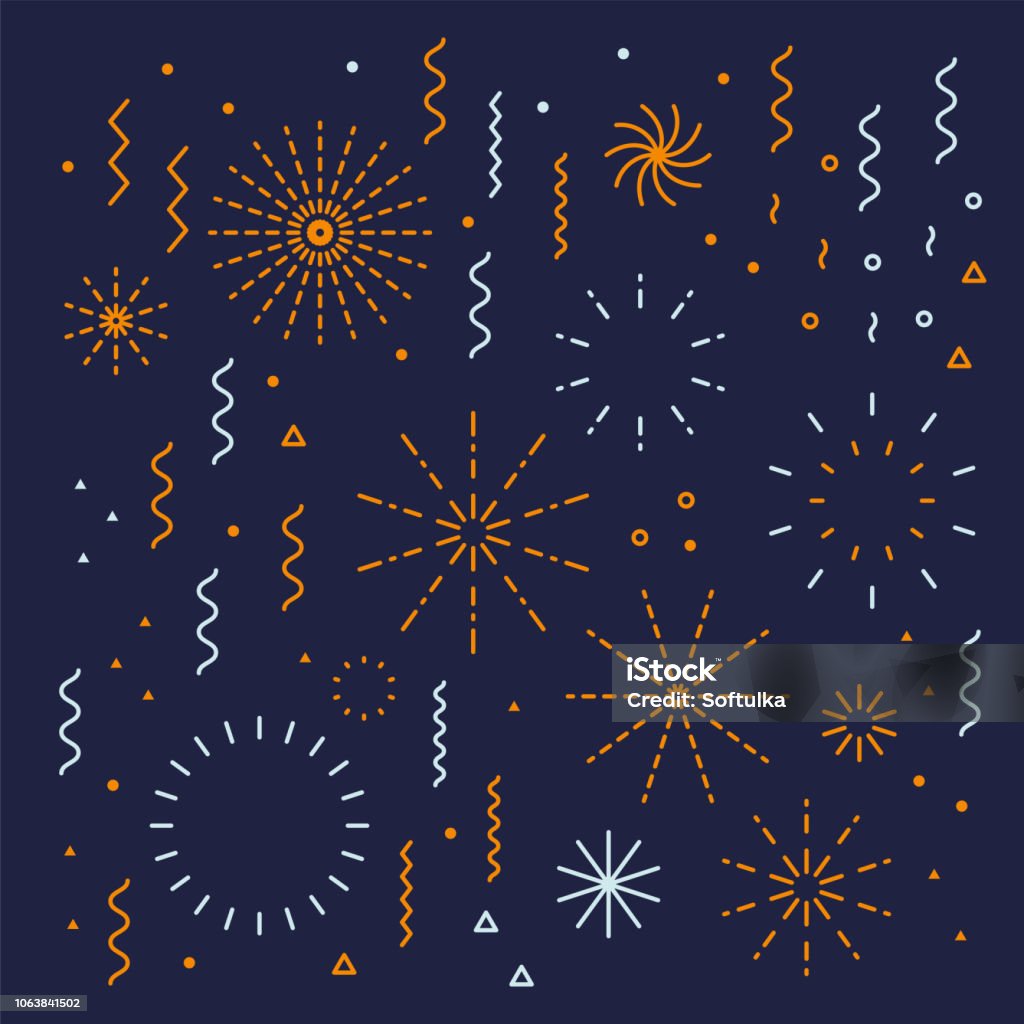 Fireworks lineal easy editable set with petard, stars Fireworks lineal easy editable set with petard, stars. Festival vector holiday design shapes colorful collection New Year stock vector