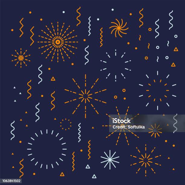 Fireworks Lineal Easy Editable Set With Petard Stars Stock Illustration - Download Image Now