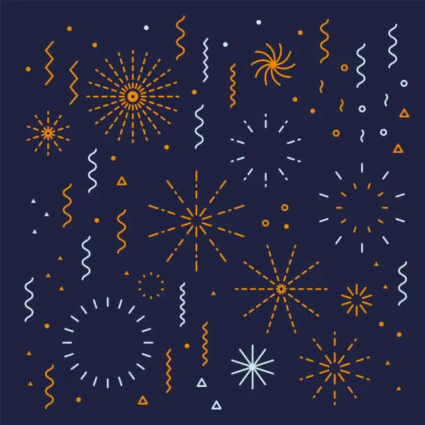 Vector illustration of Fireworks lineal easy editable set with petard, stars