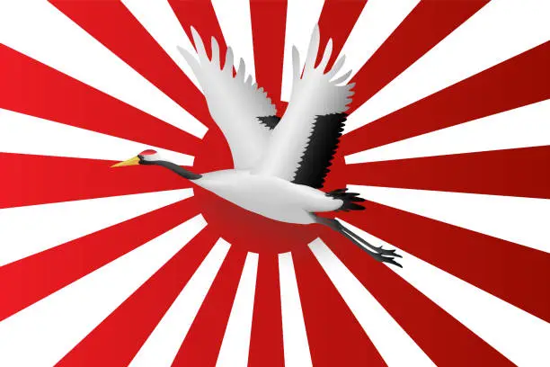 Vector illustration of Japanese crane flying onJapanese navy flag red rising sun background,  Vector illustration