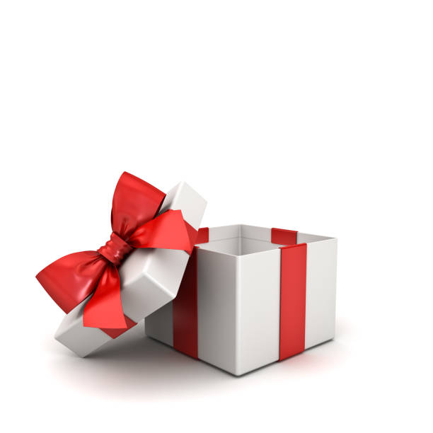 istock Open gift box or Blank present box with red ribbon bow isolated on white background with shadow 3D rendering 1063854696