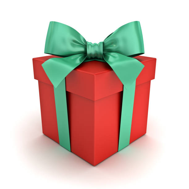 istock Red gift box or Christmas present box with green ribbon and bow isolated on white background 3D rendering 1063854732