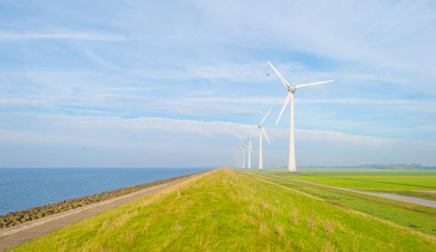 istock Wind turbines on a green dike along a lake in sunlight at fall 1063855490