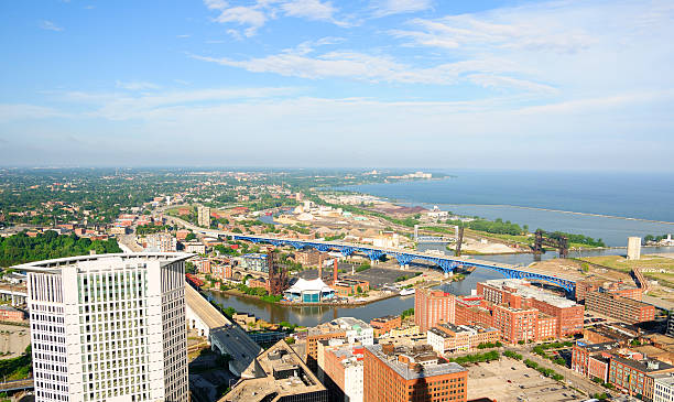 Cleveland aerial panorama  cuyahoga river photos stock pictures, royalty-free photos & images