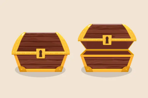 Vector illustration of Set of icons with cartoon closed and opened wooden pirate chest