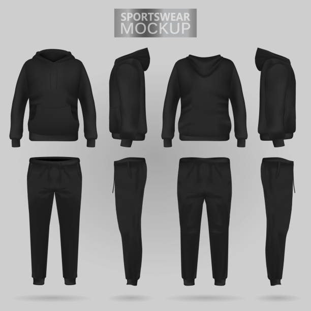 Mockup of the Black sportswear hoodie and trousers in four dimensions Mockup of the Black sportswear hoodie and trousers in four dimensions: front, side and back view, realistic gradient mesh vector. Clothes for sport and urban style jogging pants stock illustrations