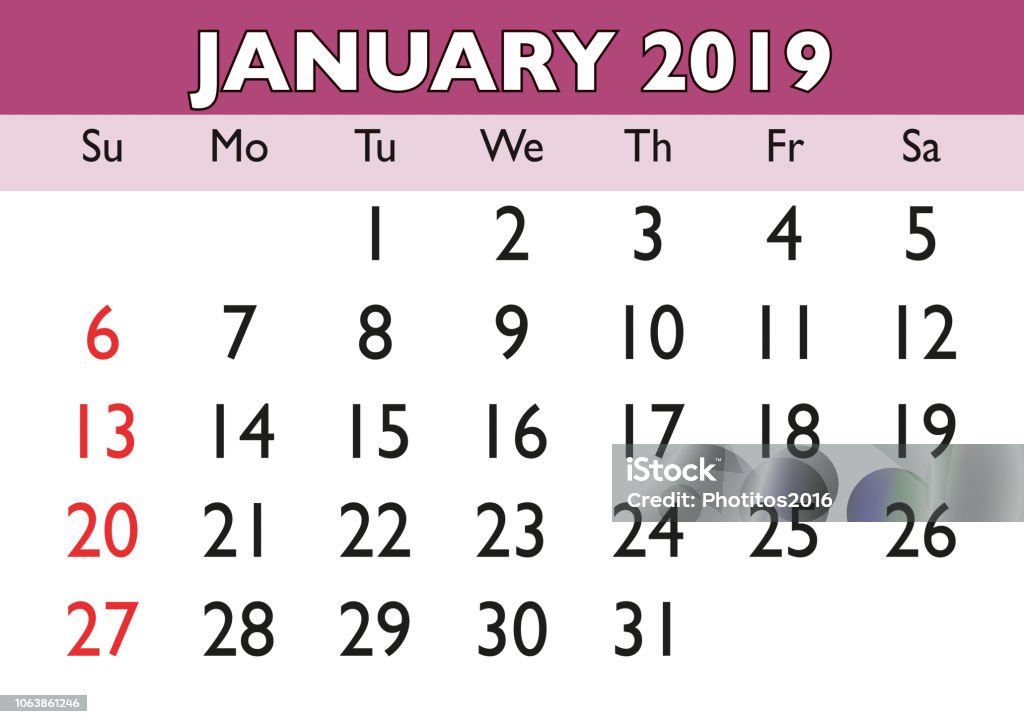 January Month Calendar 2019 English Usa Stock Illustration Download
