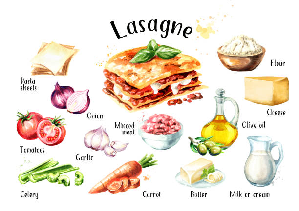 ilustrações de stock, clip art, desenhos animados e ícones de lasagne recipe ingredients set. watercolor hand drawn illustration isolated on white background - parmesan cheese