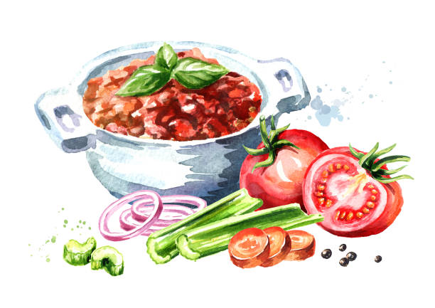 sos bolognese w misce i dojrzałe pomidory. ilustracja narysowana ręcznie akwarelą izolowana na białym tle - foods and drinks isolated on white basil cooked stock illustrations