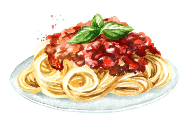 illustrazioni stock, clip art, cartoni animati e icone di tendenza di spaghetti al sugo alla bolognese. illustrazione disegnata a mano ad acquerello isolata su sfondo bianco - ragù