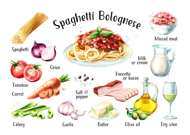 spaghetti bolognese przepis składniki zestaw. ilustracja narysowana ręcznie akwarelą izolowana na białym tle - foods and drinks isolated on white basil cooked stock illustrations