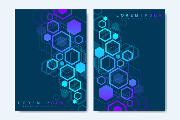 Modern vector templates for brochure, cover, banner, flyer, annual report, leaflet. Abstract art composition with hexagons, connecting lines and dots. Digital technology or medical concept. Modern vector templates for brochure, cover, banner, flyer, annual report, leaflet. Abstract art composition with hexagons, connecting lines and dots. Digital technology or medical concept laboratory drawings stock illustrations