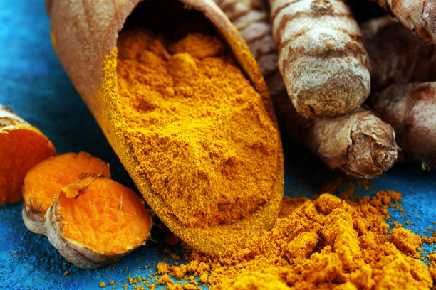 istock Turmeric powder and fresh turmeric on grey background 1063868652