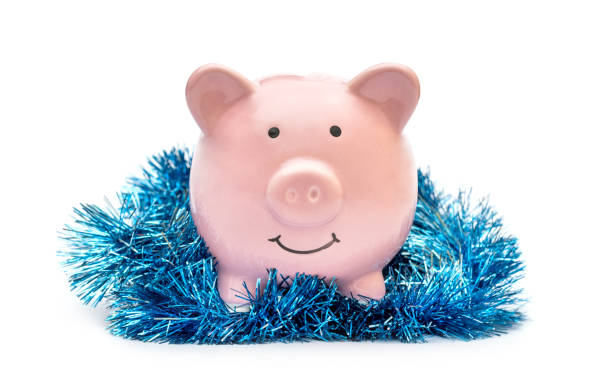 cerdo de cerámica con oropel en blanco. año 2019. - piggy bank savings pig currency fotografías e imágenes de stock